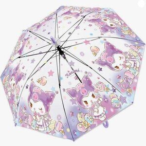 NEW Sanrio  Kuromi Transparent Auto Open 8 Fiberglass Ribs Stick Umbrella.